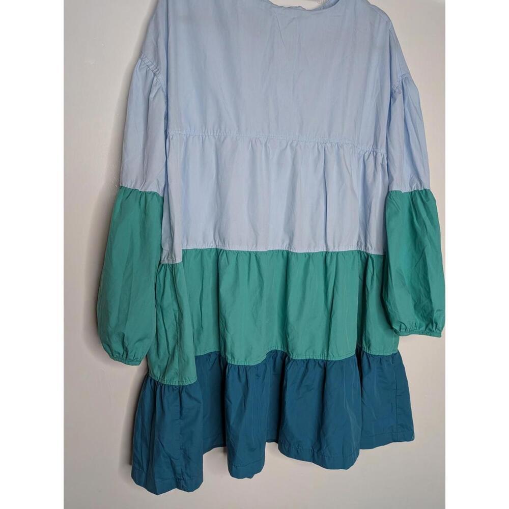 AARON & AMBER Color Block Tiered Mini Dress Blue Teal Green Puff Sleeve Size L - Picture 3 of 8
